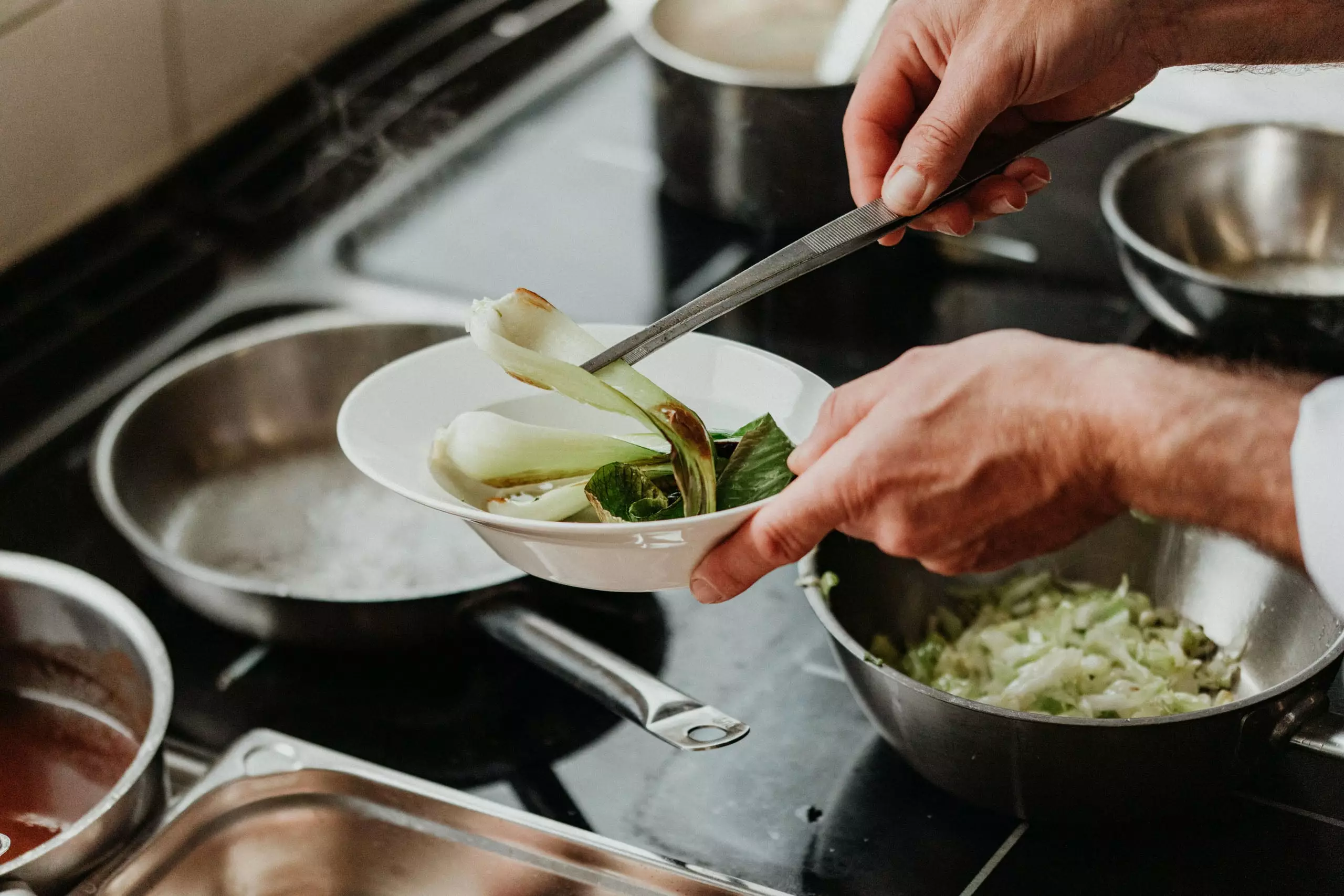 Hände eines Kochs, der mit einer Pinzette gebratenen Pak Choi in einer weißen Schüssel anrichtet in einer professionellen