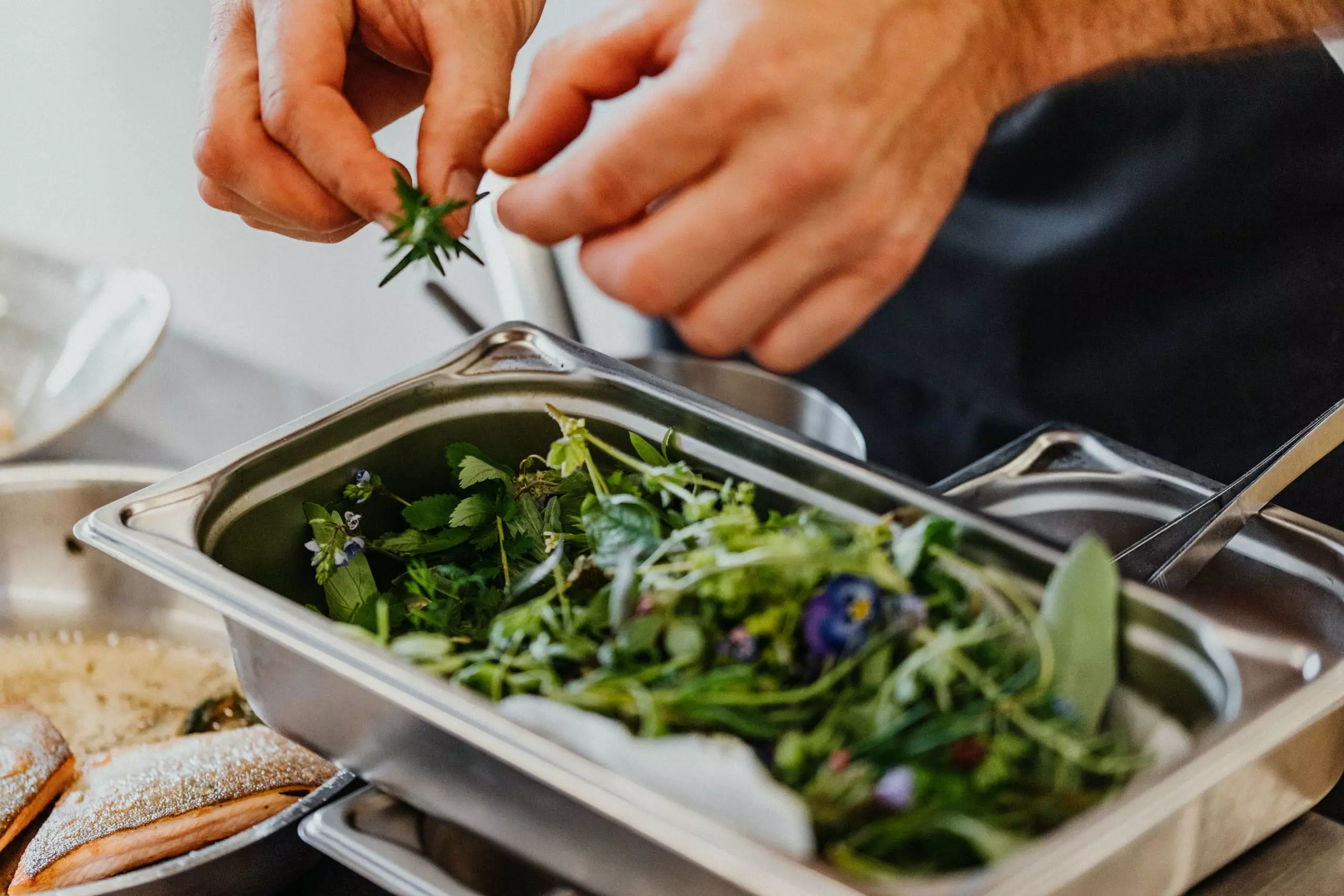 Gastronomie Mitarbeiter mit fixen Arbeitszeiten zupft Kräuter für das Bestriebsrestaurant